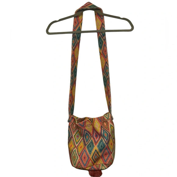 Patterned Crossbody Bucket Bag W/ Tasseled Drawstring - Picture 3 of 5